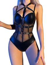 123-Faux Leather & Mesh Harness Bodysuit – Black
